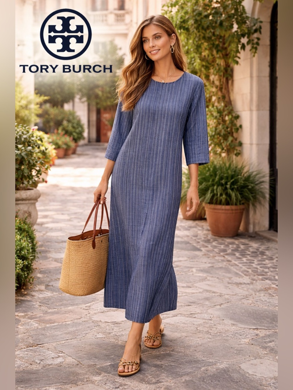 Tory Burch, Navy White Striped Cotton Kaftan Dress Resort Tunic Boho EUC Size L - Picture 3 of 11